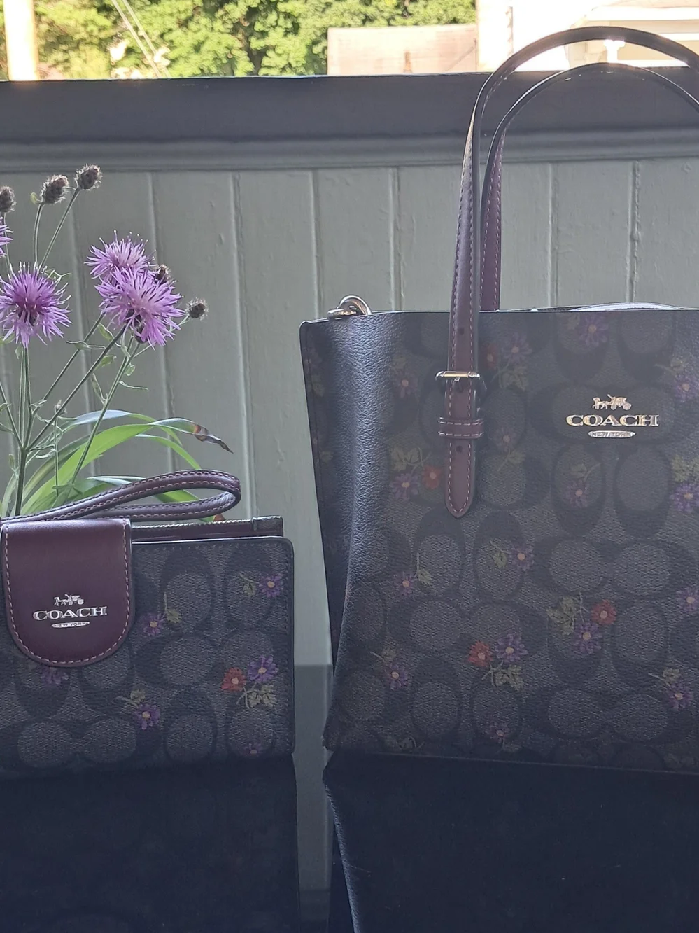 Coach Gray Floral Signature Tote with Matching Wristlet — Plum Trim
